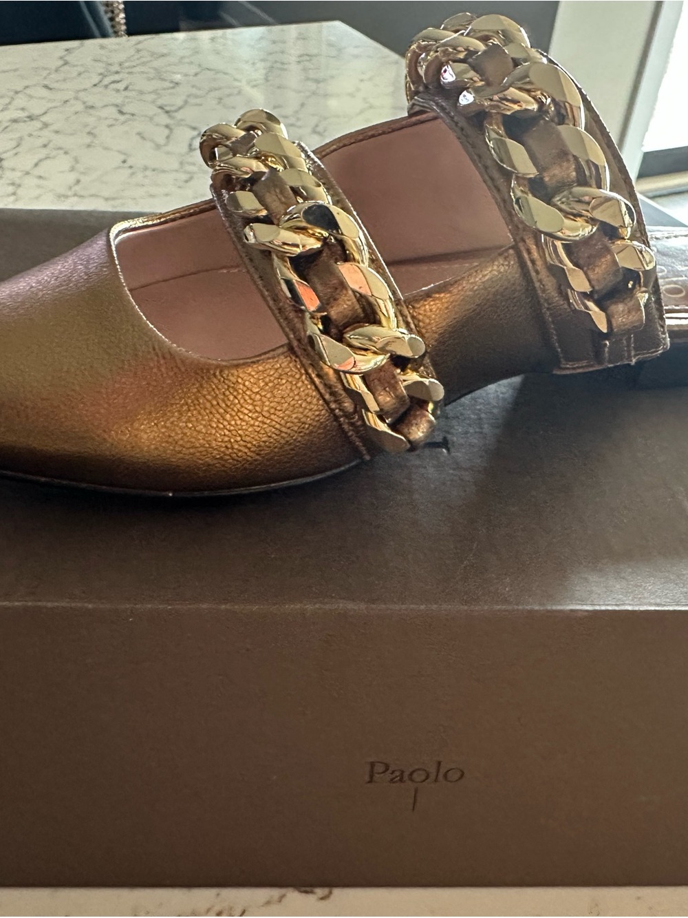 Paolo Metallic Bronze Chain-Strap Women's Flats